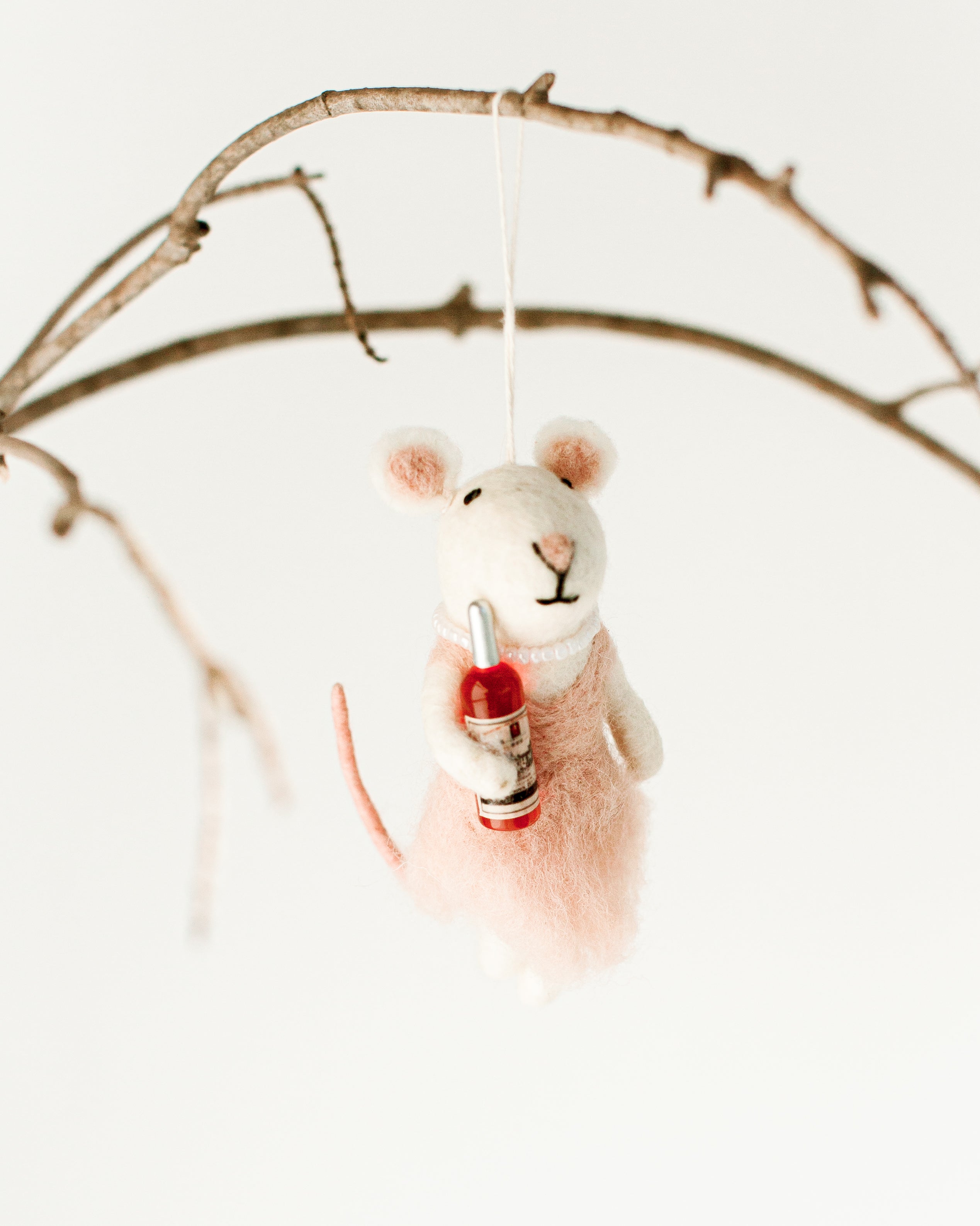 Rosé Toast Mouse Ornament – Handcrafted Felt Holiday Décor