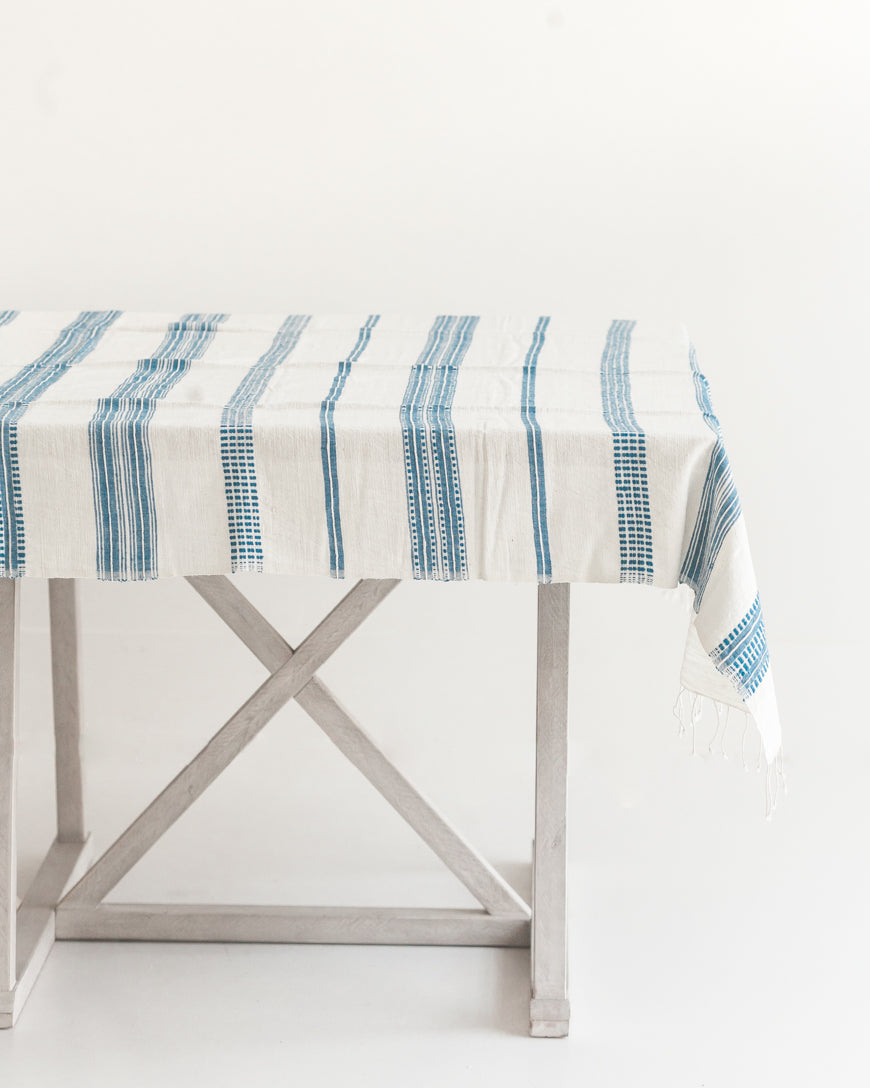Avery Striped Cotton Tablecloth Blue