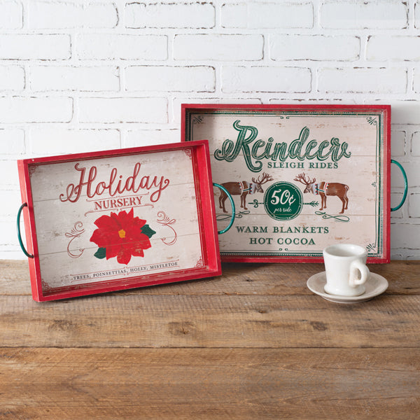 Reindeer & Holiday Wood Serving Trays – Set of Two