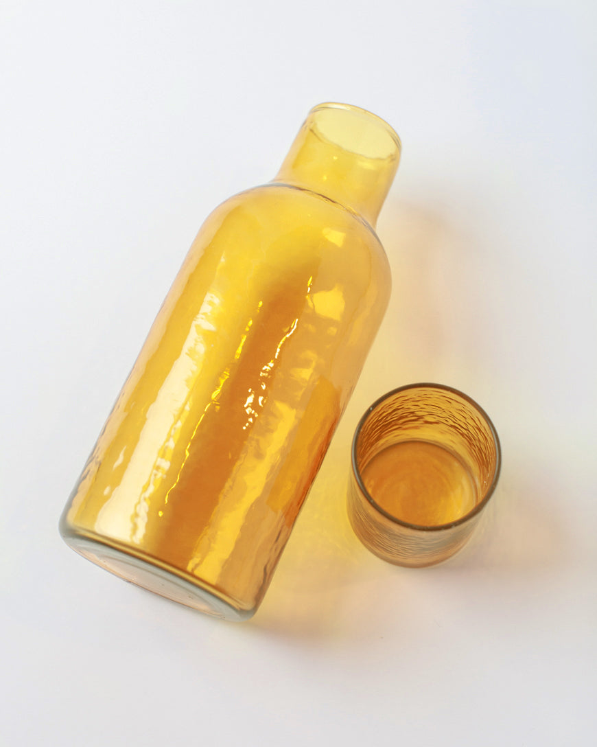 PebbleWood Handblown Hammered Glass Carafe Amber