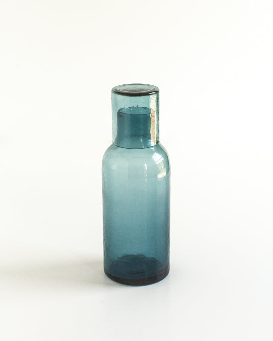 PebbleWood Handblown Hammered Glass Carafe Blue