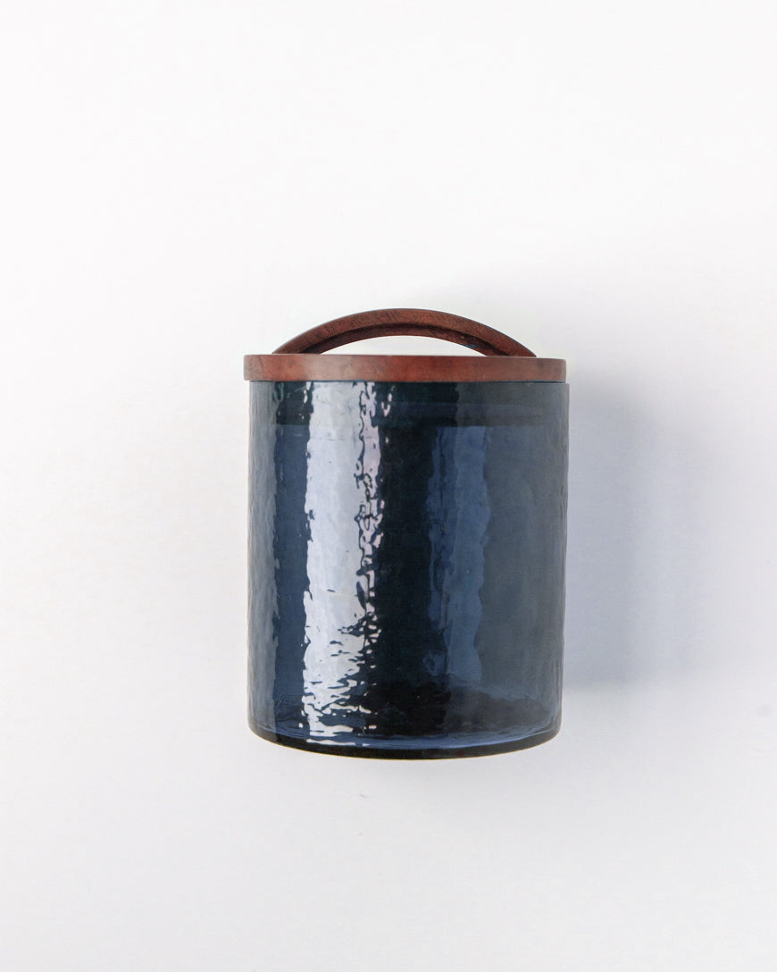 PebbleWood Glass Canisters with Wood Lid Small Blue