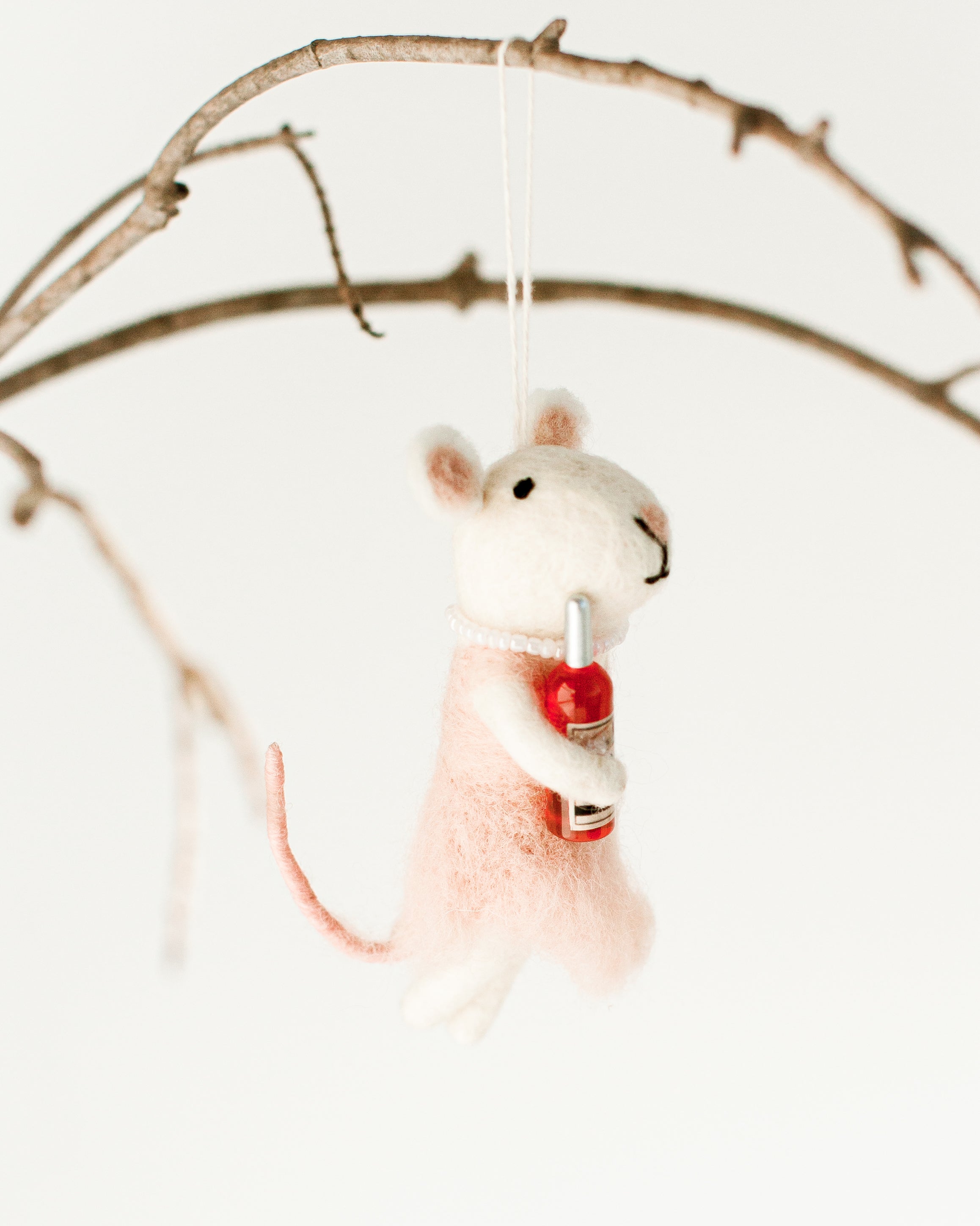 Rosé Toast Mouse Ornament – Handcrafted Felt Holiday Décor