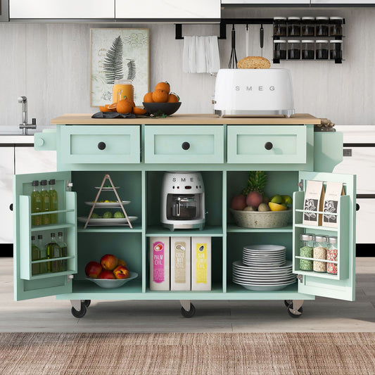 Mint Green Kitchen Cart with Rubber wood Drop-Leaf