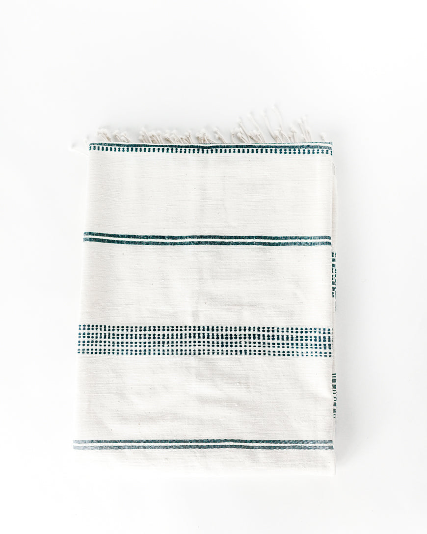 Aden Cotton Throw Blanket Natural with Navy